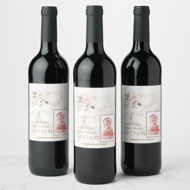  White Floral Airy Greenery Girl Photo Baptism Fav Wine Label (Bottles)