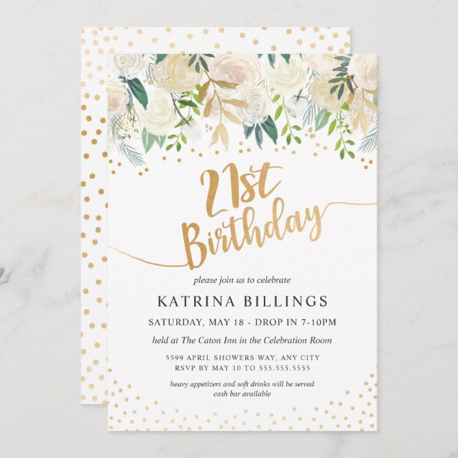 White Floral and Gold 21st Birthday Party Invitation (Front/Back)