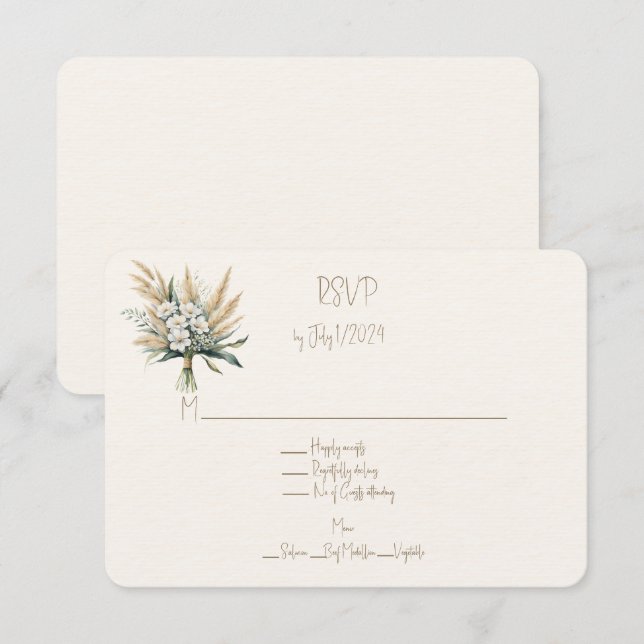 White Floral and Pampas Grass Wedding Bouquet  RSVP Card (Front/Back)