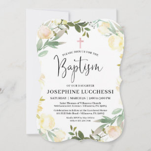 White Floral and Pink Baptism Invitation
