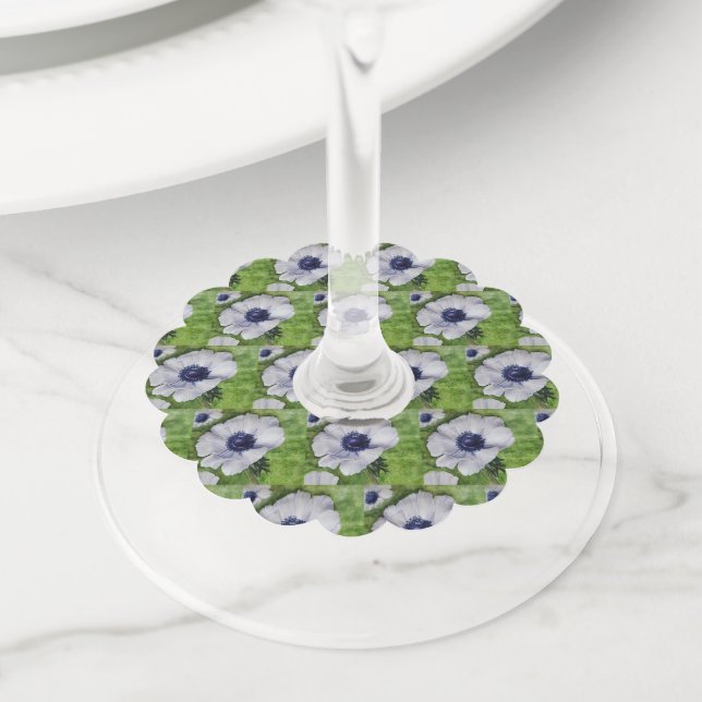 White Floral Anemone Flower Wine Glass Tag (Close Up)