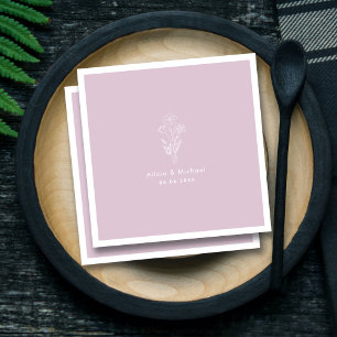 White Floral Art Line Bouquet Lilac Wedding Napkin