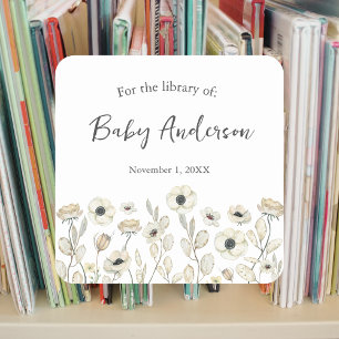 White Floral baby shower bookplate Square Sticker