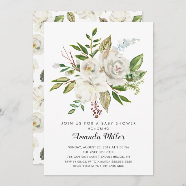 white Floral Baby Shower Invitation (Front/Back)