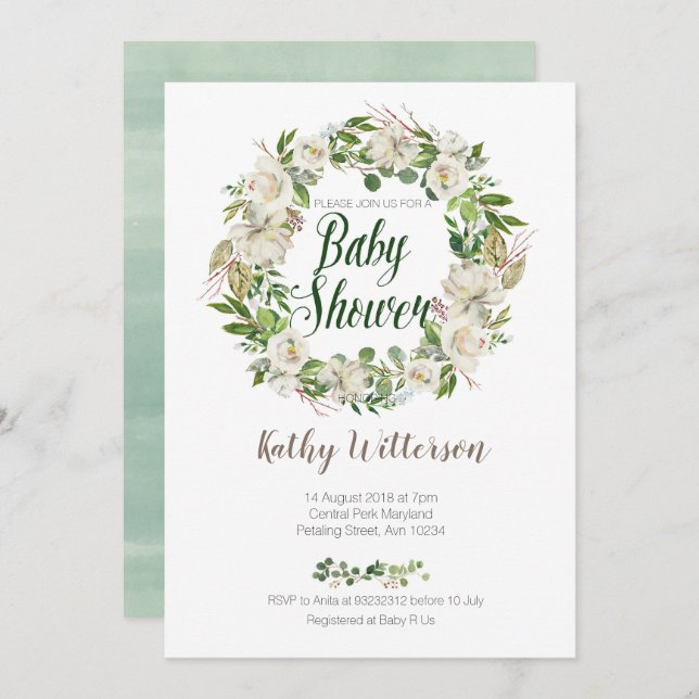 White Floral baby shower invitation card (Front/Back)