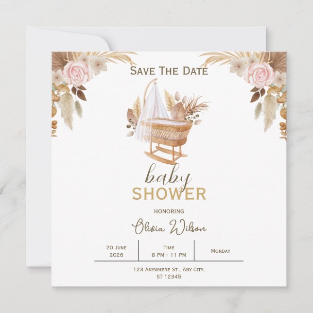 White Floral Baby Shower Save The Date Card (Front)