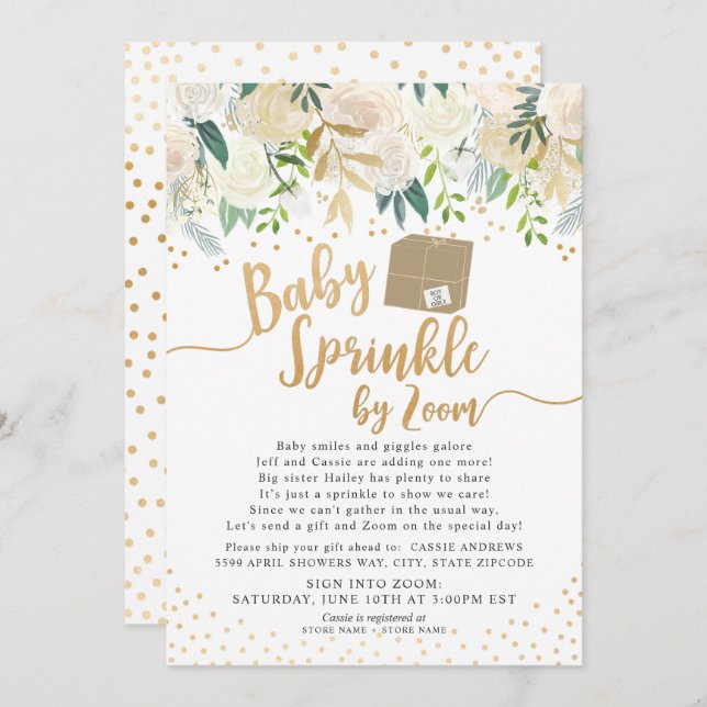 White Floral Baby Sprinkle by ZOOM baby shower Invitation (Front/Back)
