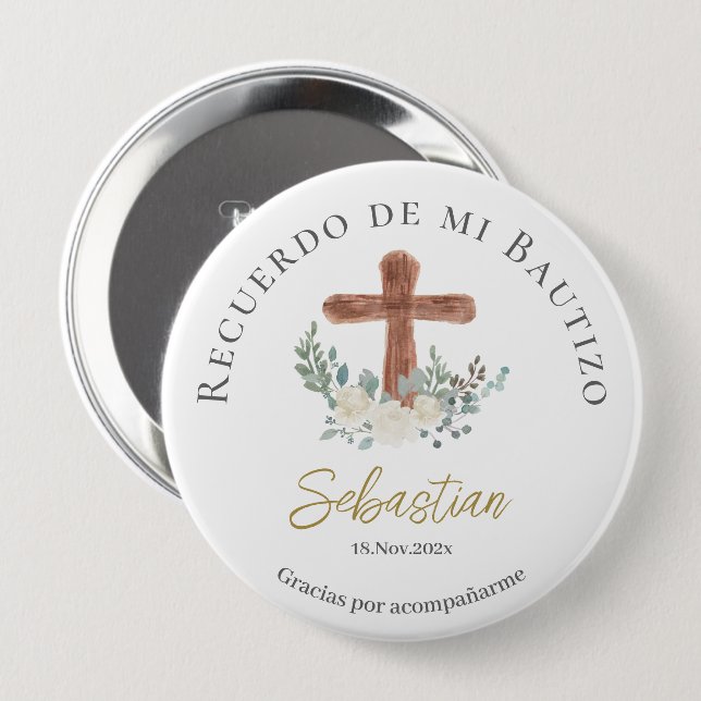 White floral Baptism 10 Cm Round Badge (Front & Back)