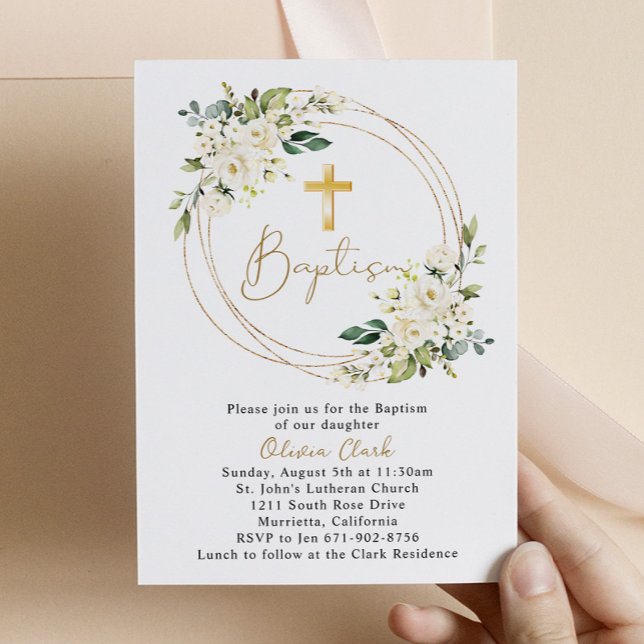 White Floral Baptism Christening Gold Frame Invitation (Creator Uploaded)