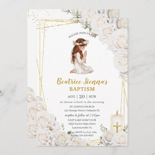 White Floral Baptism Christening Praying Girl Invitation (Front/Back)