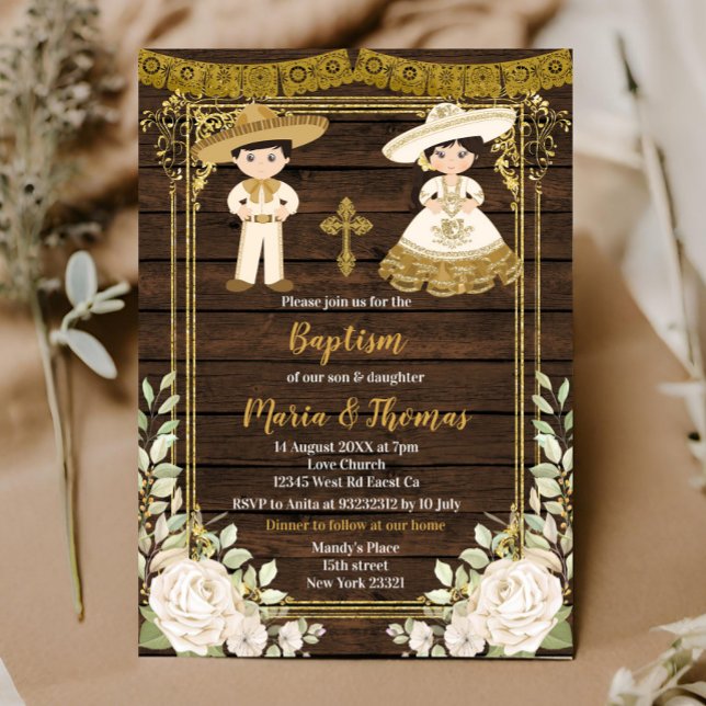 White Floral Baptism Fiesta Twin Invitation (Creator Uploaded)