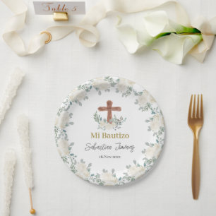 White floral Baptism Paper Plate