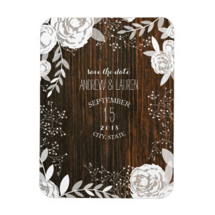 White Floral Barnwood Inspired Save The Date Magnet