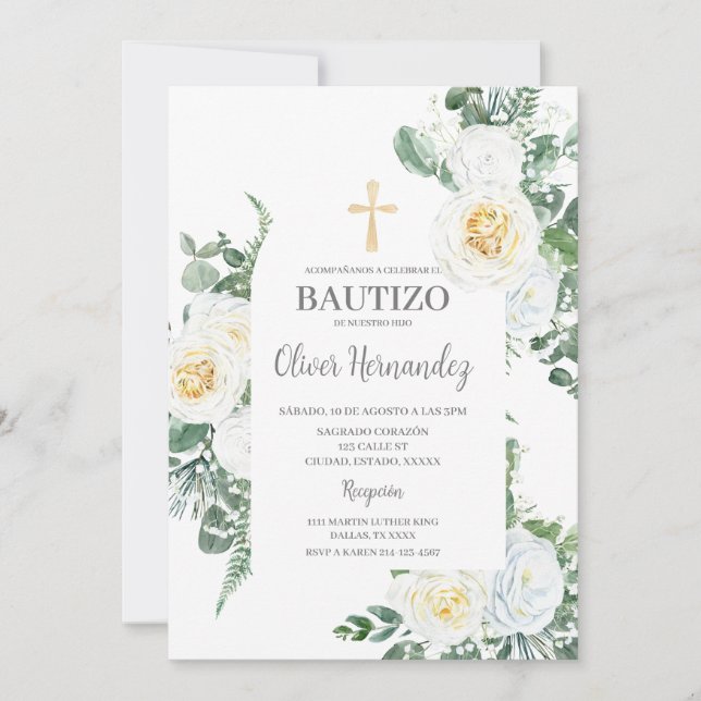 White Floral Bautizo Spanish Invitation (Front)