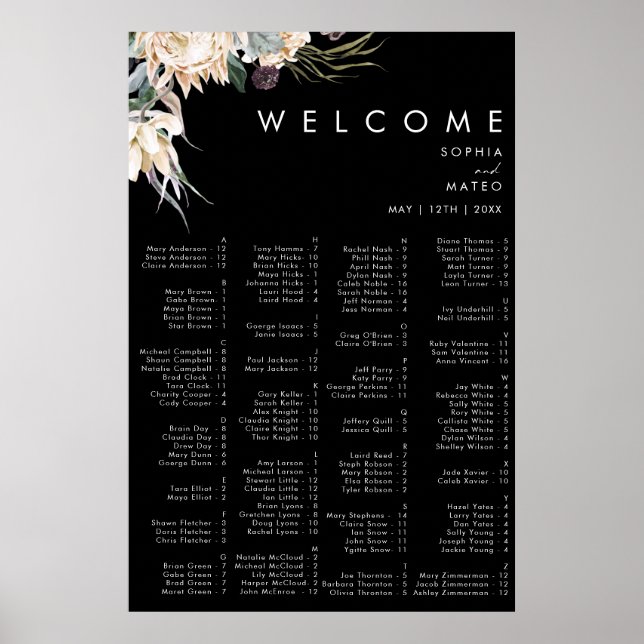 White Floral | Black Alphabetical Seating Chart (Front)