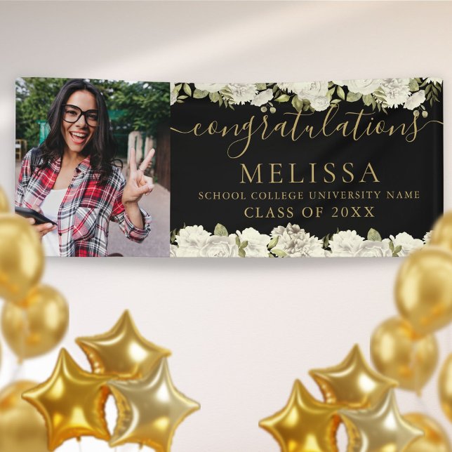 White Floral Black And Gold Photo Graduation Banner (Creator Uploaded)