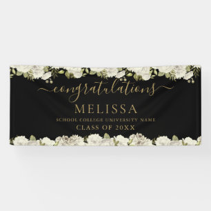 White Floral Black And Gold Script Graduation Banner