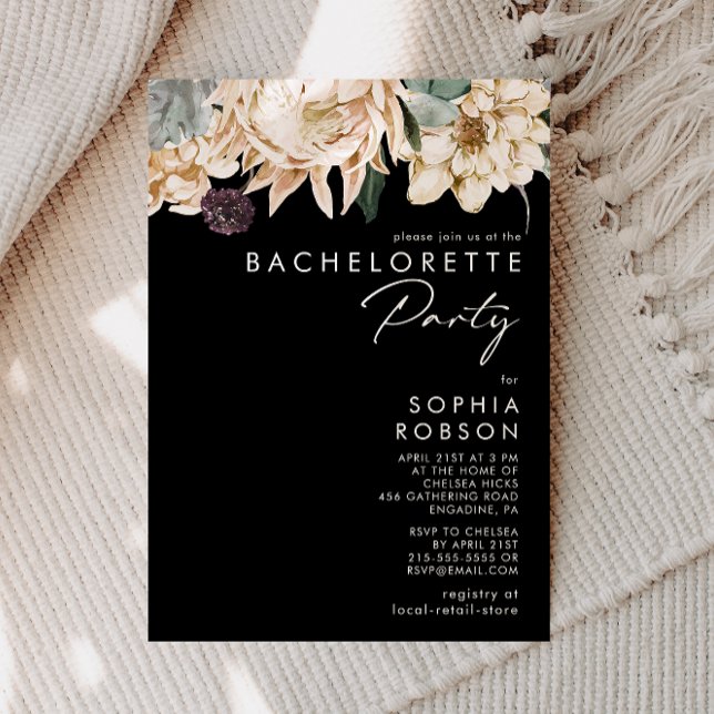 White Floral | Black Bachelorette Party Invitation (Creator Uploaded)