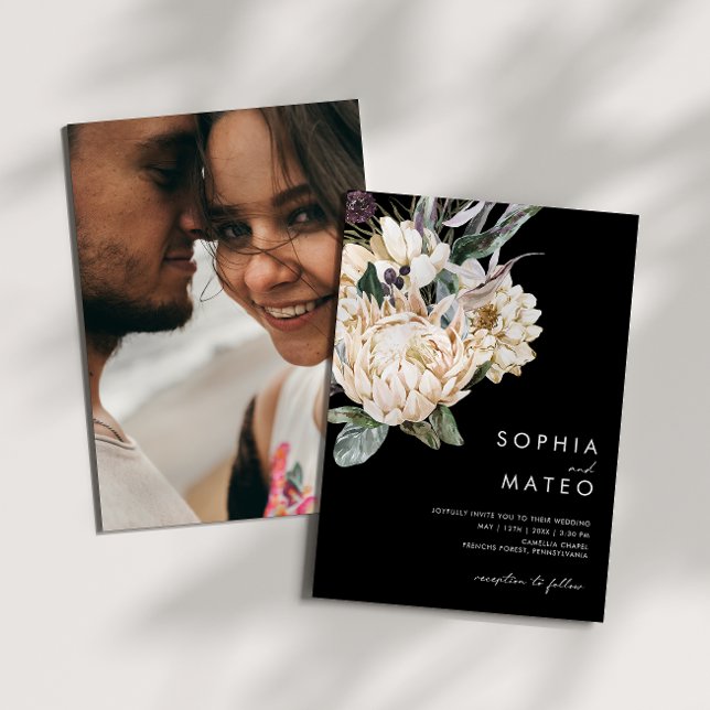 White Floral | Black Casual Photo Wedding Invitation (Creator Uploaded)