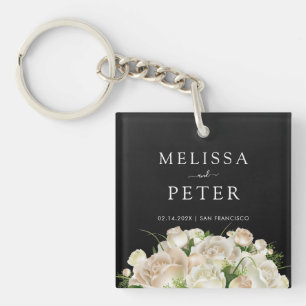 White Floral Black Elegant Minimalist  Wedding Key Ring