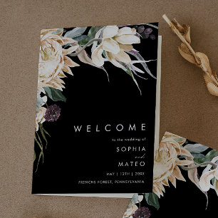 White Floral Black Folded Wedding Program