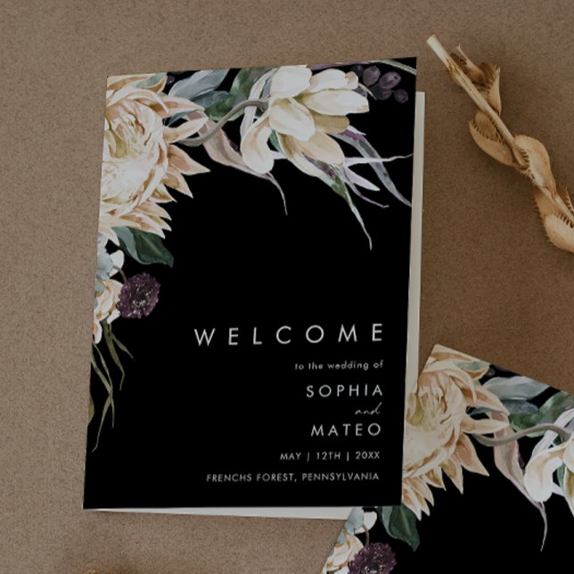 White Floral | Black Folded Wedding Program (Creator Uploaded)