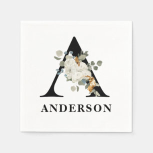 White Floral Black Monogram A Napkin