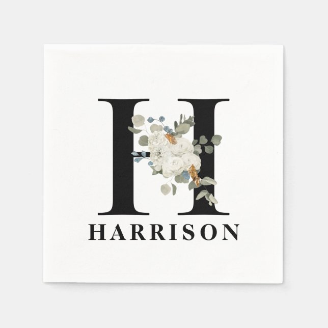 White Floral Black Monogram H Napkin (Front)