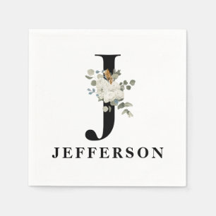 White Floral Black Monogram J Napkin