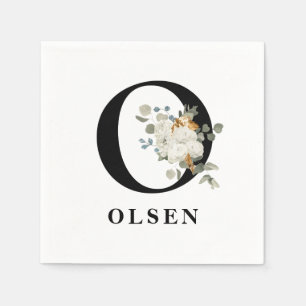 White Floral Black Monogram O Napkin