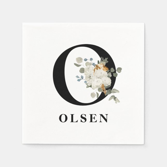 White Floral Black Monogram O Napkin (Front)