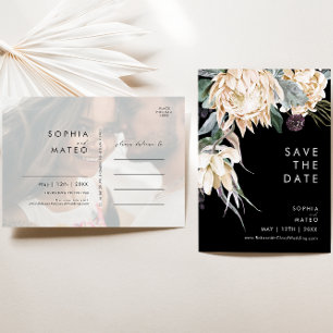 White Floral   Black Photo Save The Date Postcard