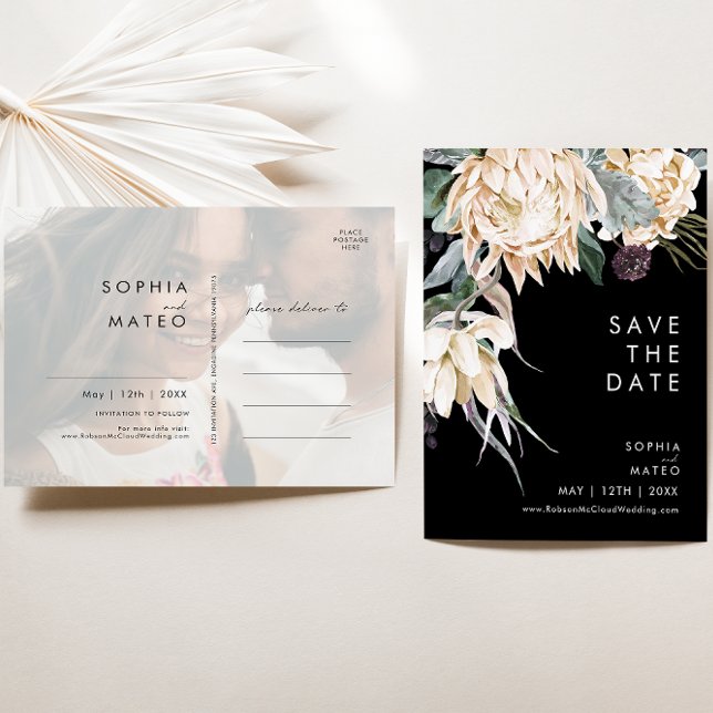 White Floral | Black Photo Save The Date Postcard (Creator Uploaded)