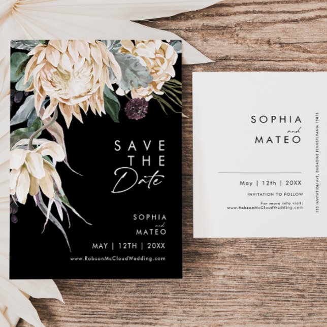 White Floral | Black Save The Date Postcard (Creator Uploaded)