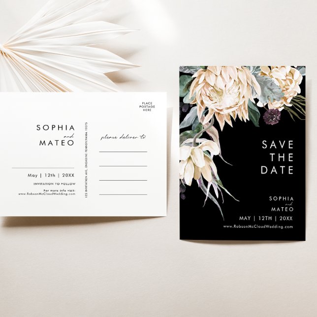 White Floral | Black Save The Date Postcard (Creator Uploaded)