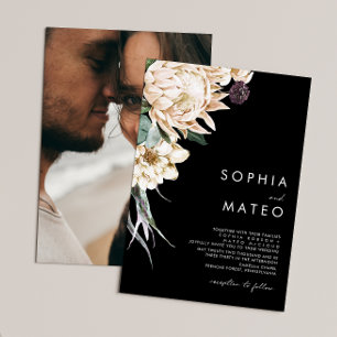 White Floral   Black Traditional Photo Wedding Invitation