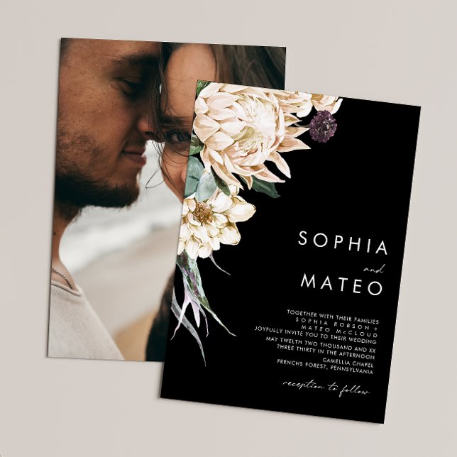 White Floral | Black Traditional Photo Wedding Invitation (Creator Uploaded)
