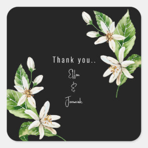 White Floral Black Wedding Custom Thank You Square Sticker