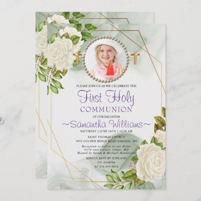 White Floral Bloom Photo First Communion Invitatio Invitation (Front/Back)