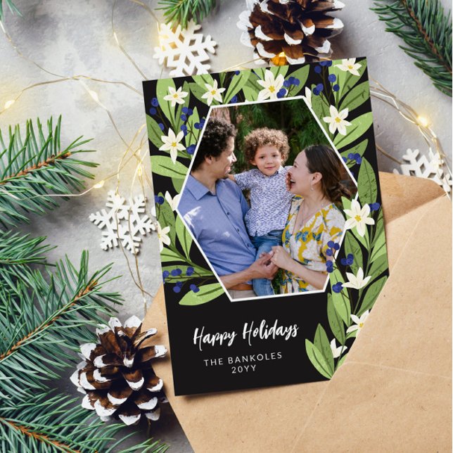 White Floral Blue Berries Hexagon Happy Holidays Holiday Card (Creator Uploaded)