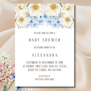 White Floral Blue Hydrangea Garden Baby Shower Invitation