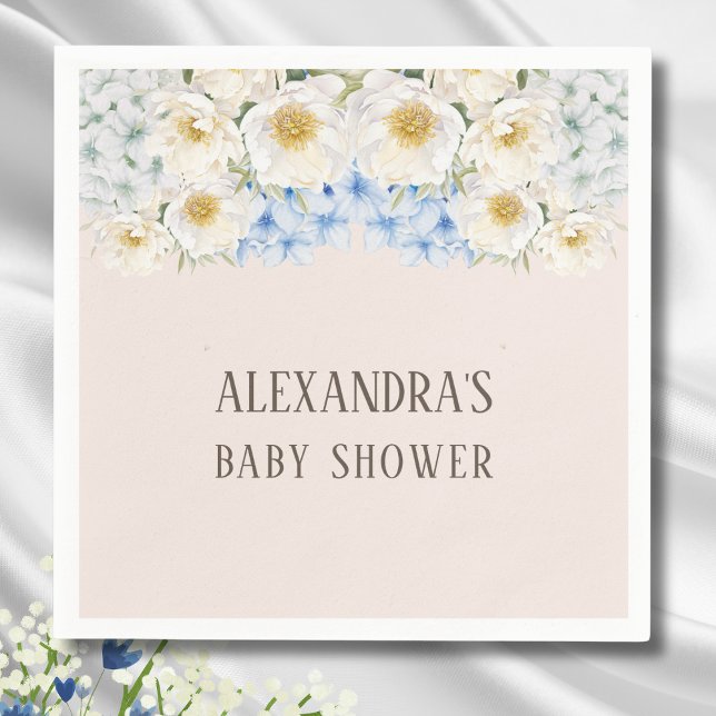 White Floral Blue Hydrangea Garden Baby Shower Napkin (Creator Uploaded)