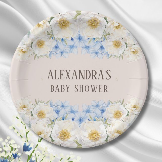 White Floral Blue Hydrangea Garden Baby Shower Paper Plate (Creator Uploaded)