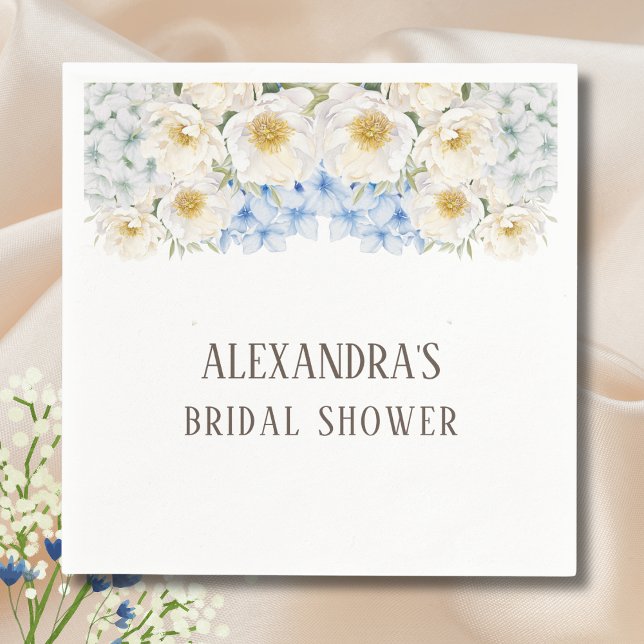 White Floral Blue Hydrangea Garden Bridal Shower Napkin (Creator Uploaded)