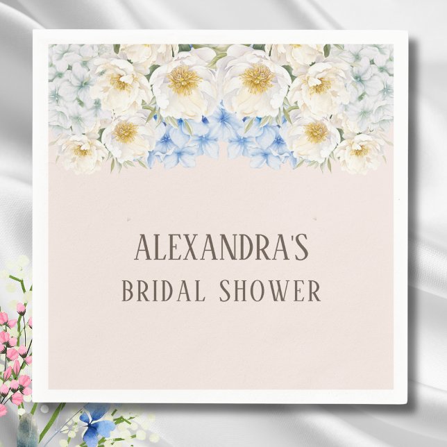 White Floral Blue Hydrangea Garden Bridal Shower Napkin (Creator Uploaded)