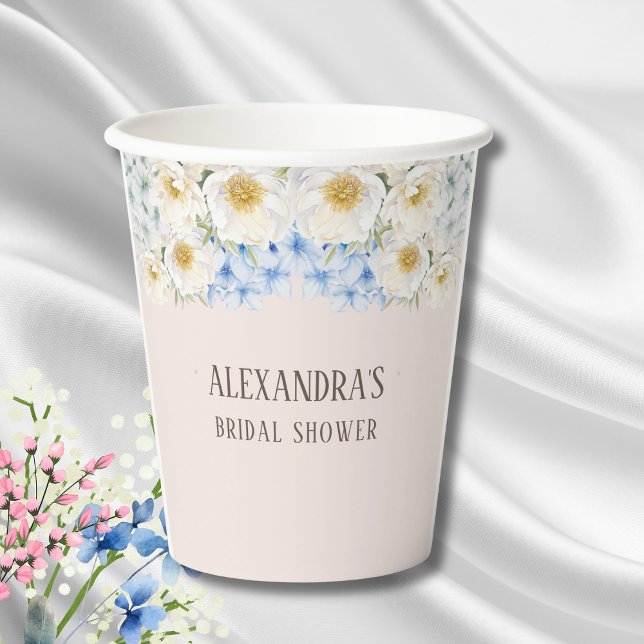 White Floral Blue Hydrangea Garden Bridal Shower Paper Cups (Creator Uploaded)