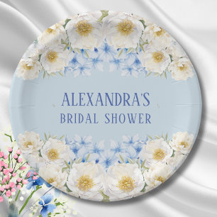 White Floral Blue Hydrangea Garden Bridal Shower Paper Plate