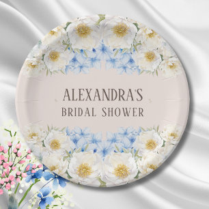 White Floral Blue Hydrangea Garden Bridal Shower Paper Plate