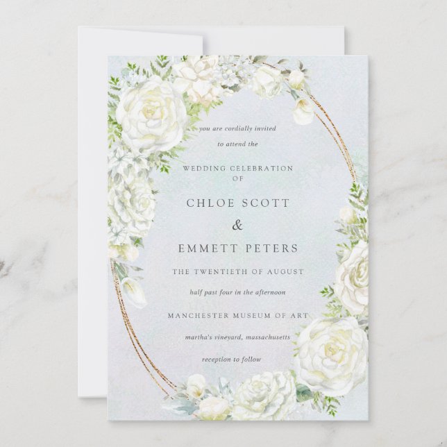 White Floral Blue Watercolor Wedding Invitation (Front)