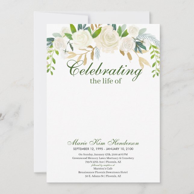 White Floral Boho Bouquet Memorial Funeral Photo  Invitation (Front)